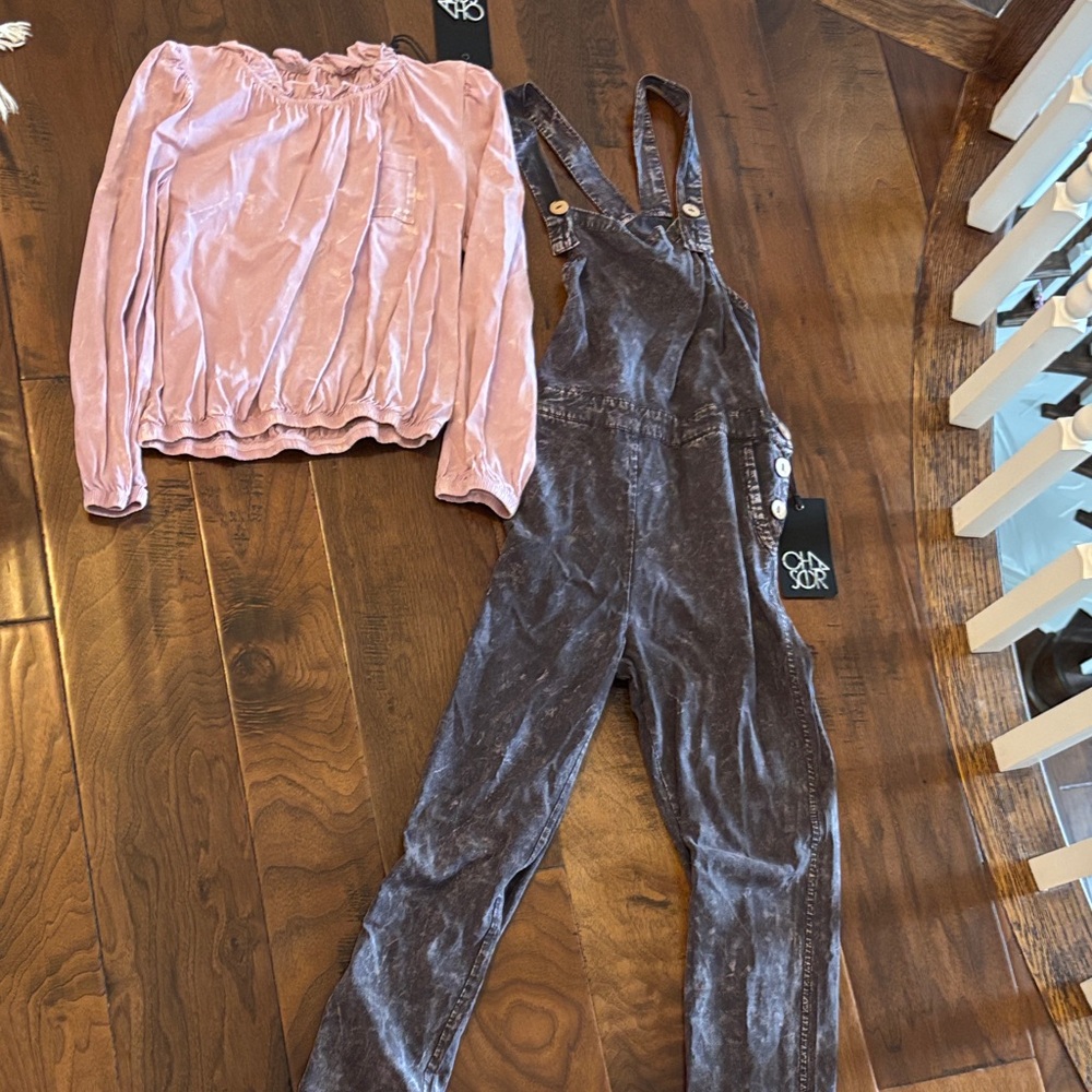Chaser ruffle neck Top and black mineral wash overalls